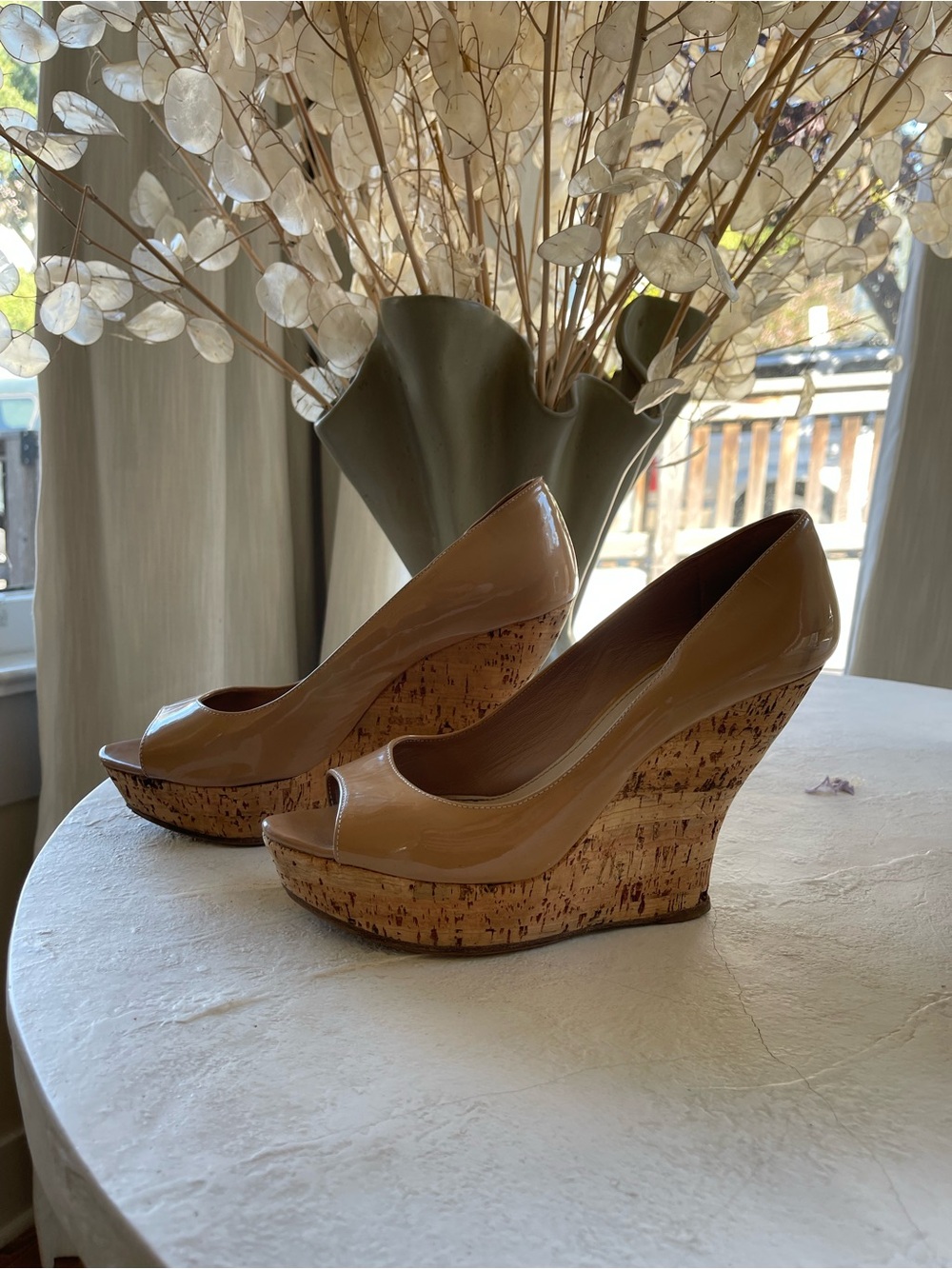 Miu Miu Nude Patent Cork Peep-Toe Wedge Pumps